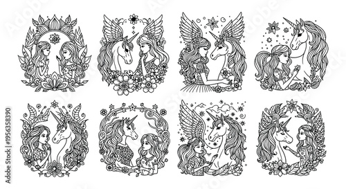 Collection of ornate unicorn and maiden illustrations in black and white