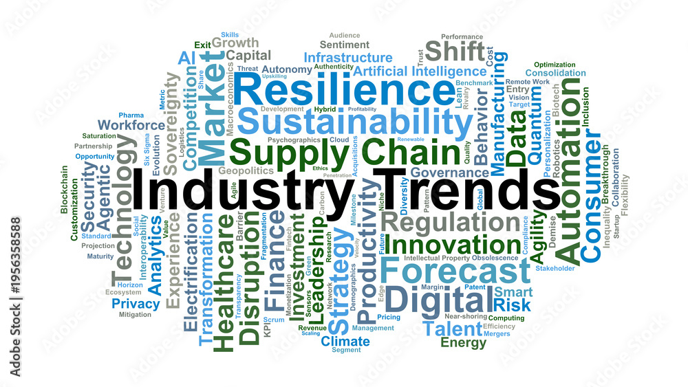 Obraz premium Industry Trends Word Cloud. A Comprehensive Visual Summary of Global Market Shifts, Technological Innovation, Sustainability Metrics, and Strategic Drivers Shaping Modern Business.