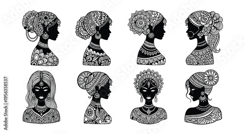 Elegant black silhouettes of women with intricate ornamental head coverings