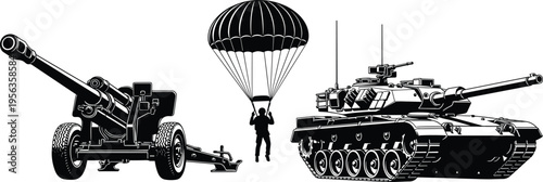 Black and white of military vehicles and parachuter tank cannon