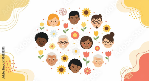 Diverse group of people faces surrounded by colorful flowers and sunflowers in a circle