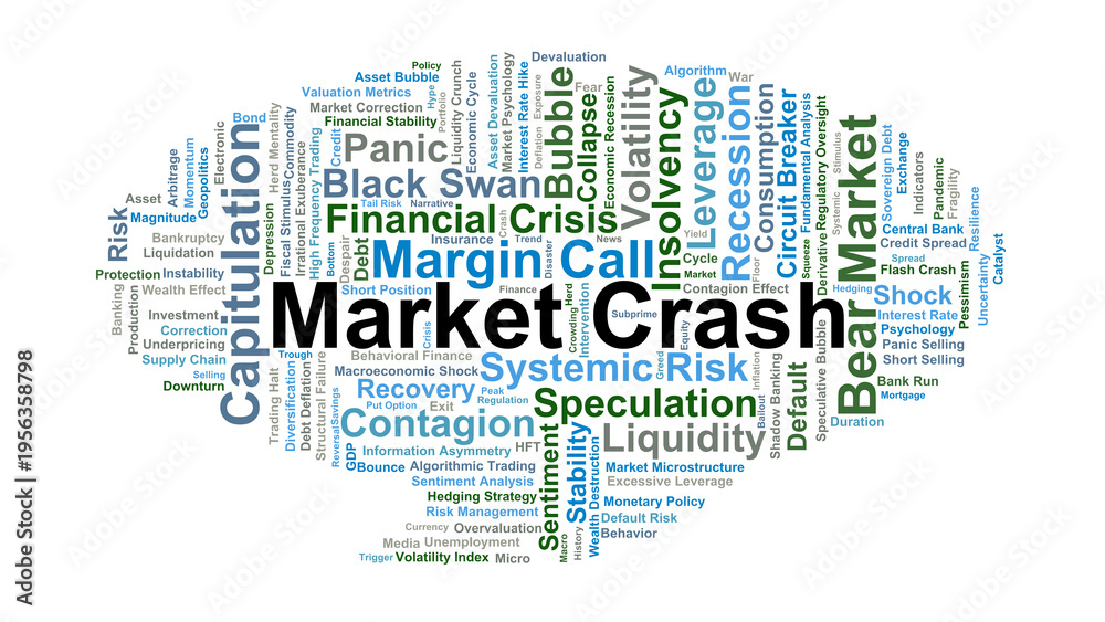 Fototapeta premium Market Crash Word Cloud. A visual analysis of terms related to speculative bubbles, systemic risks, panic selling, and the psychological triggers of sudden global financial downturns.