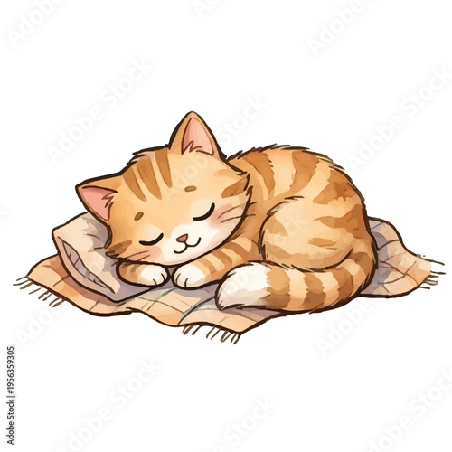 A cute cartoon kitten sitting happily with a playful expression and fluffy tail in a fun and simple illustration style