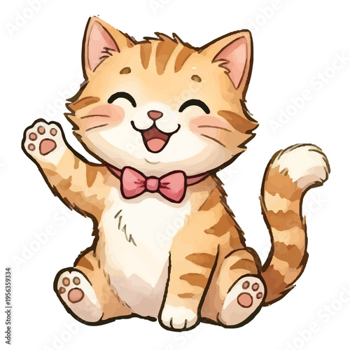 A cute cartoon kitten sitting happily with a playful expression and fluffy tail in a fun and simple illustration style