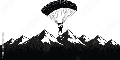 Black silhouette of a person parachuting over snow-capped mountains parachute