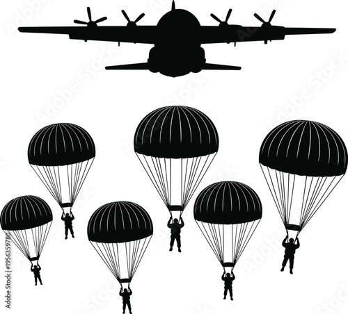 Black silhouette of airplane with parachuters descending silhouettes