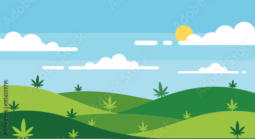 A panoramic view of rolling green hills dotted with cannabis leaves under a bright sun and scattered clouds, showcasing a serene landscape