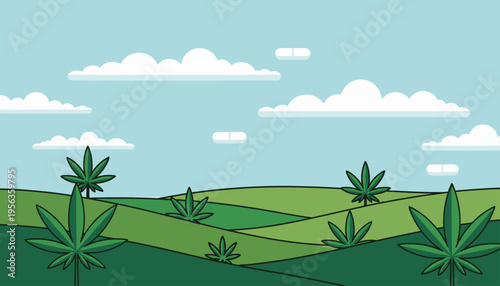 Digital illustration of a picturesque rolling landscape adorned with numerous healthy cannabis plants, set against a cheerful blue sky with white clouds, representing cultivation