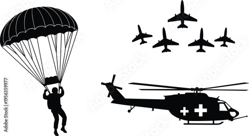 Black silhouette of parachuter and medical helicopter with military jets flying