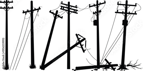 Damaged utility poles, collapsed power lines, broken electricity infrastructure, leaning wooden poles, fallen transformers, disaster aftermath