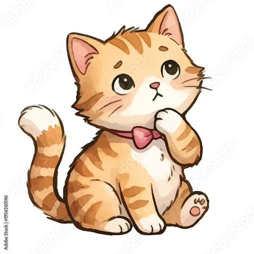 A cute cartoon kitten sitting happily with a playful expression and fluffy tail in a fun and simple illustration style