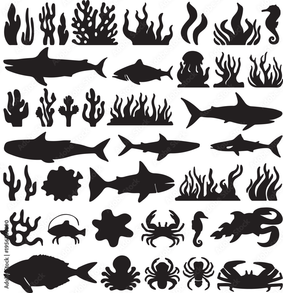 Fototapeta premium Underwater marine life silhouettes collection featuring fish sharks sea creatures and coral reef elements