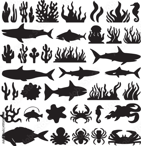 Underwater marine life silhouettes collection featuring fish sharks sea creatures and coral reef elements