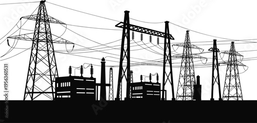 Black silhouette of power plant with transmission towers and lines electricity industrial