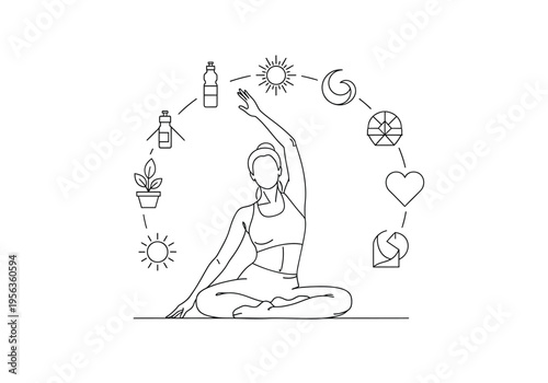 Woman in yoga pose with wellness and healthy lifestyle icons vector illustration set