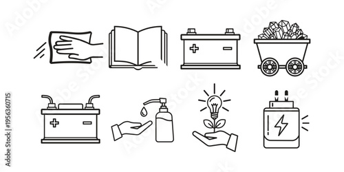 Illustrations representing sustainable energy, education, and resource management