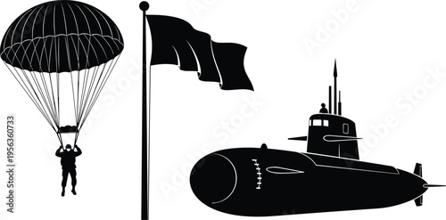 Black silhouette of submarine with periscope and flag waving next to parachuter descending white background