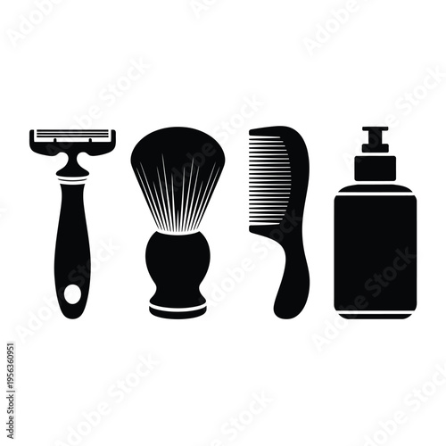 Classic shaving tools including razor brush comb and aftershave bottle