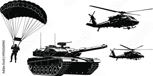 Black silhouettes of military helicopter tank and parachuting soldier parachute