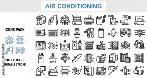 Air Conditioning & HVAC Icon Set Pack — AC Units, Thermostats, Ventilation, Cooling Systems, Indoor Climate Control, Pixel Perfect Editable Vector