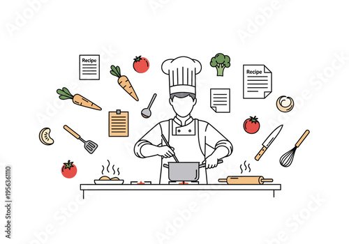 Chef cooking with kitchen utensils and fresh ingredients vector illustration for food blogs and recipes