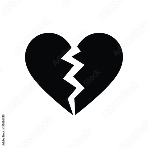 A simple black silhouette of a broken heart with a jagged crack