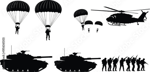 Black silhouettes of military vehicles and personnel with parachutes army soldiers helicopter
