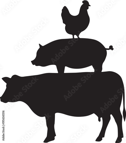 Black silhouettes of a cow pig and chicken stacked on top of each other in a playful animal tower