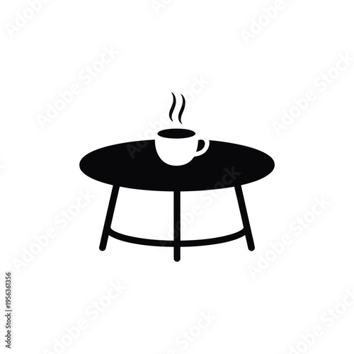 Simple black icon depicts a steaming cup on a round table