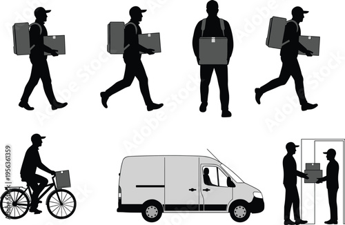 Delivery person walking, courier with package, bicycle delivery, van transport, package handoff, logistics service