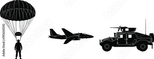 Black silhouettes of parachuter fighter jet and military vehicle humvee