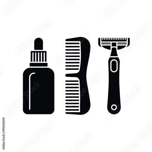 Black silhouette icons of grooming tools oil comb and a razor
