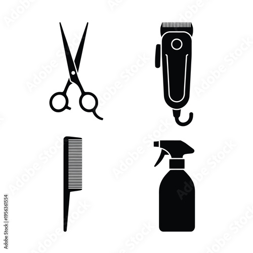 Barber tools including scissors clippers comb and spray bottle icon set