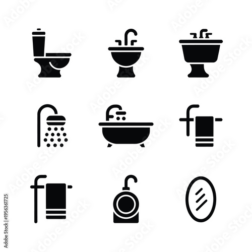 Black silhouette icons depicting various bathroom fixtures and accessories