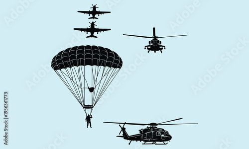 Black silhouettes of parachutist and aircraft against light blue sky parachute helicopter airplanes