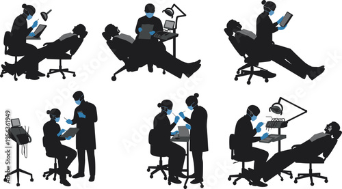 Dentist silhouette, dental professional, patient care, oral health, dental chair, dental tools, consultation, dental hygiene, dental clinic, dental treatment