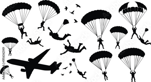 Black silhouettes of parachutists jumping from airplane parachute