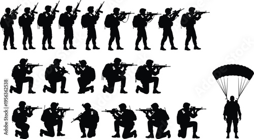 Black silhouettes of soldiers in various combat positions and a parachutist on white background kneeling