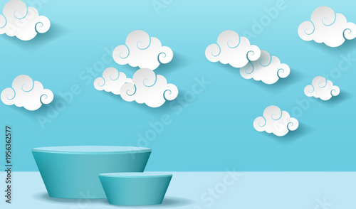 Paper cut white clouds and cylinder podiums on theatre stage