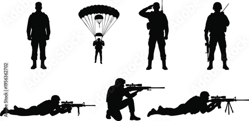 Black silhouettes of soldiers in various positions with and parachute on white background