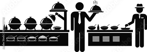 Restaurant buffet service concept, waiter serving hot meal tray, catering food counter, hospitality dining service, kitchen staff serving food illustration