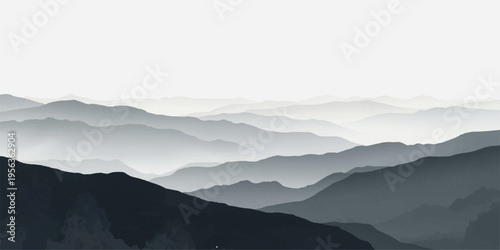 Watercolor mountain landscape in misty grey tones with layered peaks and fog effect.enveloping rolling mountain ranges creating a tranquil and mysterious atmosphere.