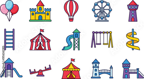 Colorful amusement park and playground icon illustration set featuring swings, slides, castles, Ferris wheel, circus tent, creative children’s artwork collection.