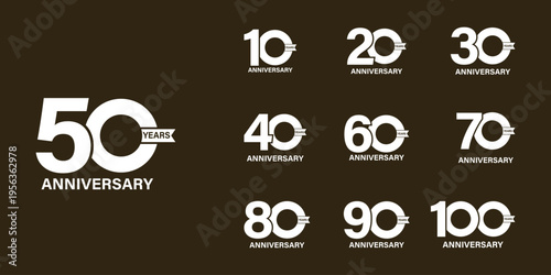 Collection of anniversary celebration logos for milestones from ten to one hundred years