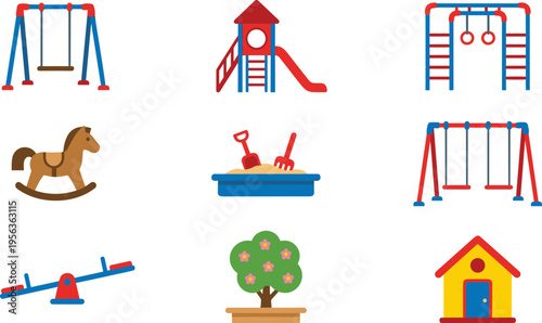 Colorful playground equipment icon illustration set featuring swings, slides, monkey bars, seesaw, sandbox, rocking horse, creative children’s design collection.