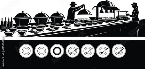 Buffet restaurant serving counter, self service food bar, catering service concept, hotel buffet meal, dining plates stages, food service illustration