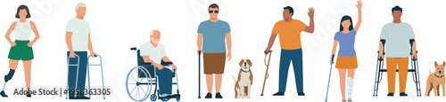 Diverse people with disabilities, mobility aids, inclusion, accessibility, prosthetics, wheelchairs, guide dogs, crutches, support, independence