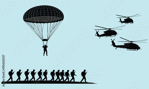 Military operations with parachute and helicopters soldiers silhouettes