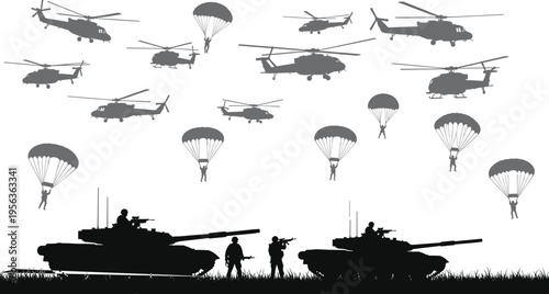 Military helicopters and tanks with parachutes descending soldiers