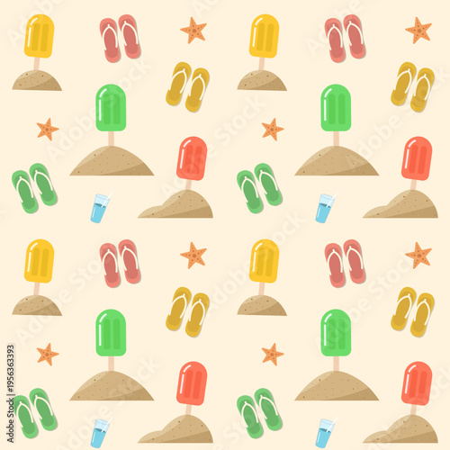 Seamless summer pattern with colorful popsicles, sandals, starfish and drink on the beach isolated on beige background.Playful wallpaper perfect for textile, wrapping paper and more.